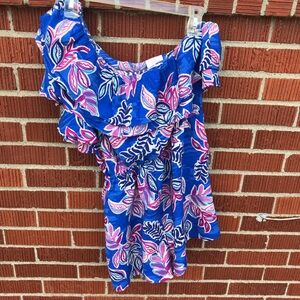Pink Lily Blue Floral Off-Shoulder shorts romper womens medium flutter sleeve